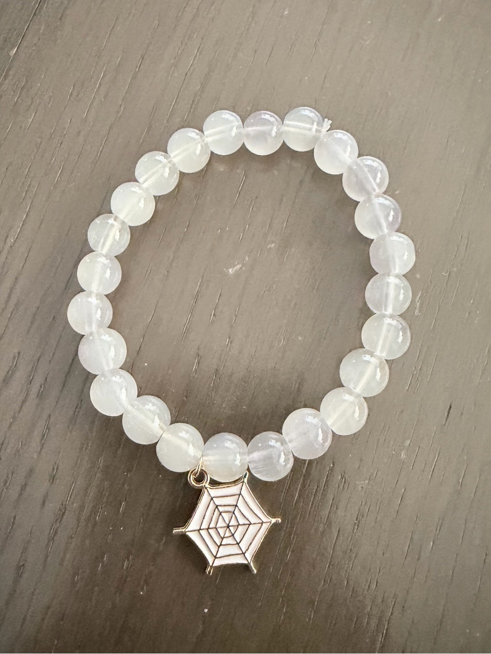White Beaded Bracelet with Spiderweb Charm Halloween Goth Whimsical Jewelry